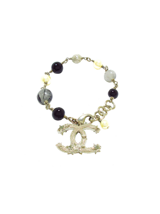 Chanel Silver Beaded Large CC Bracelet