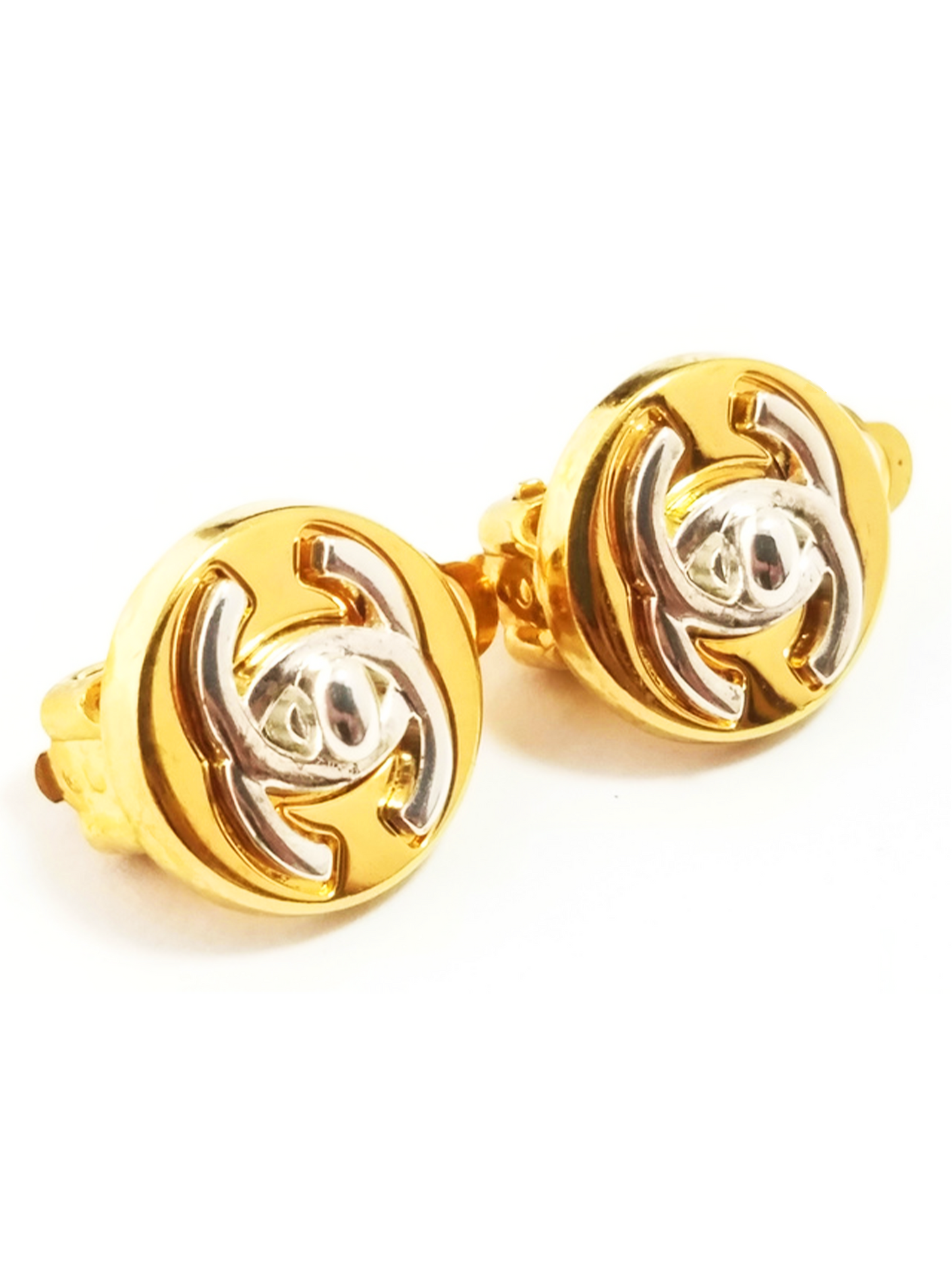 Chanel 2000s Coco Turnlock Silver Gold Earrings