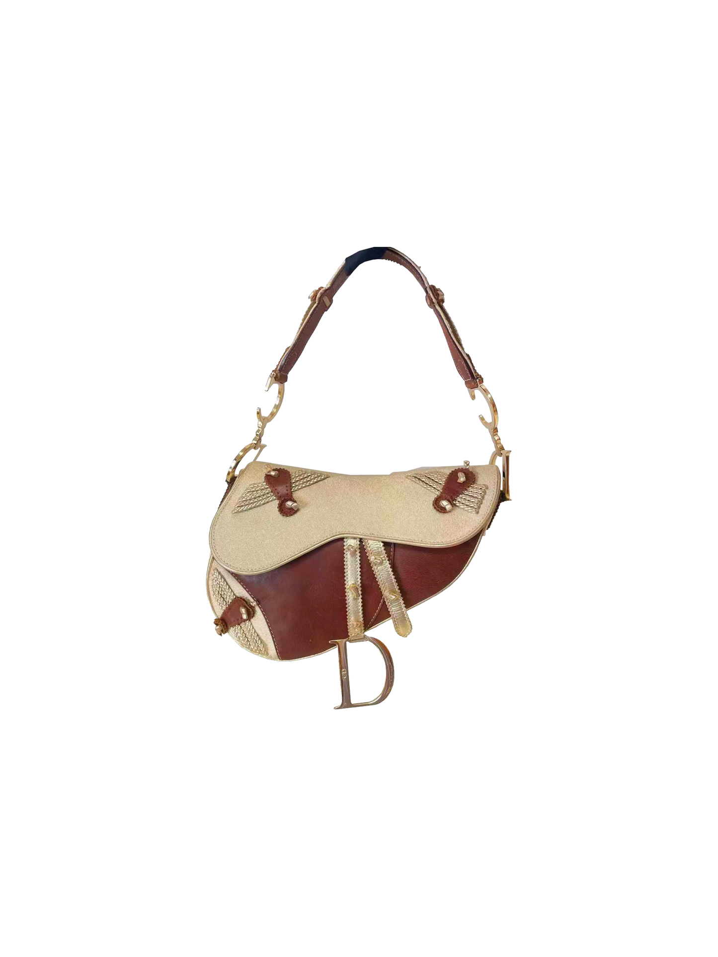 Christian Dior 2000s Vintage Saddle Shoulder Bag Embellished Jacquard and Leather