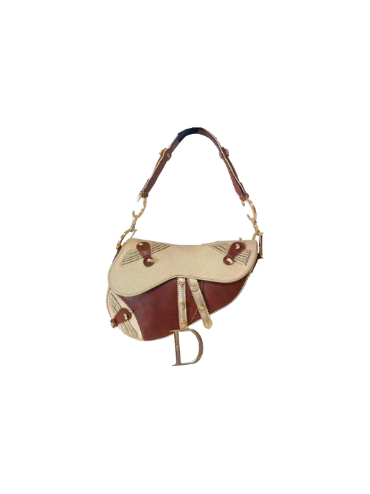 Christian Dior 2000s Vintage Saddle Shoulder Bag Embellished Jacquard and Leather