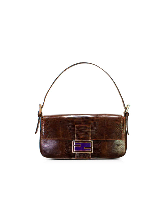 Fendi 2000s Brown and Purple Lizard Baguette Bag