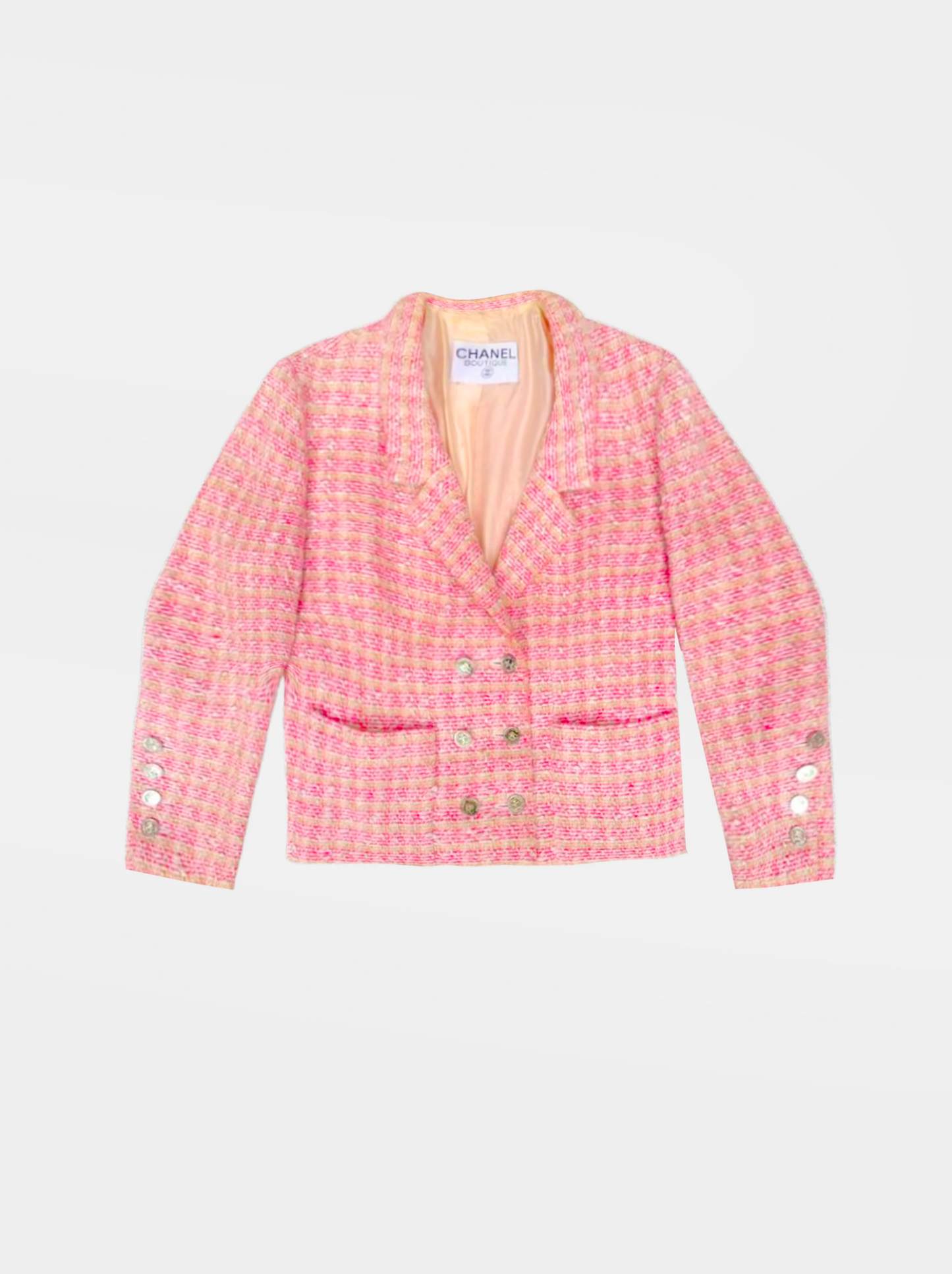 Chanel 1980s Pink Tweed Boucle Double Breasted Blazer