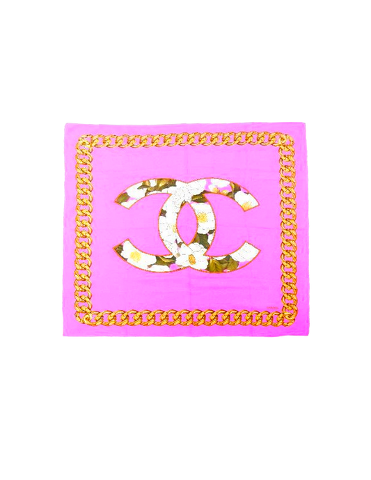 Chanel 2000s Pink Silk Floral CC Scarf