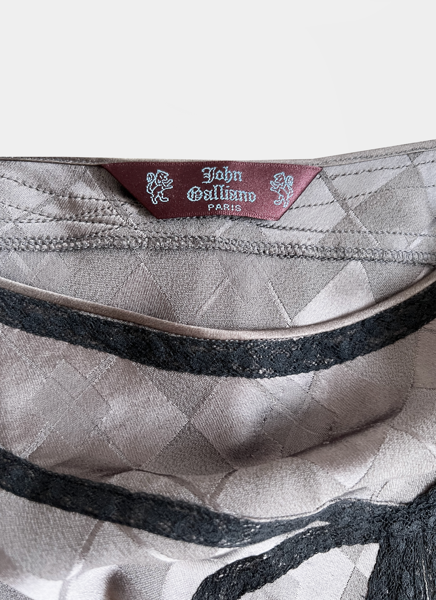 John Galliano 1990s Satin Grey Long Ribbon Skirt