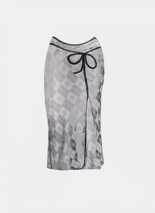 John Galliano 1990s Satin Grey Long Ribbon Skirt