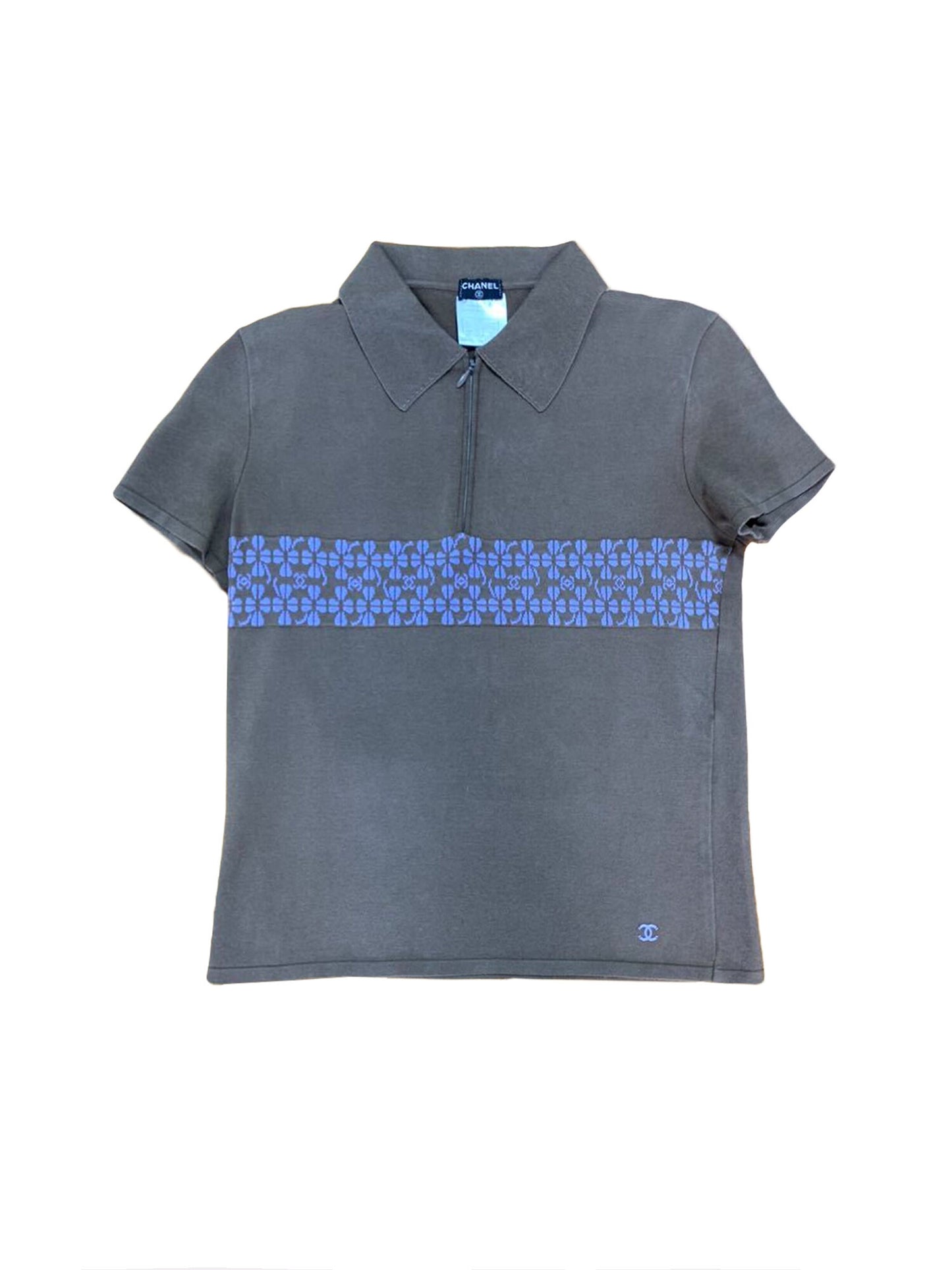 Chanel 2000s Grey Knit Clover CC Polo Shirt
