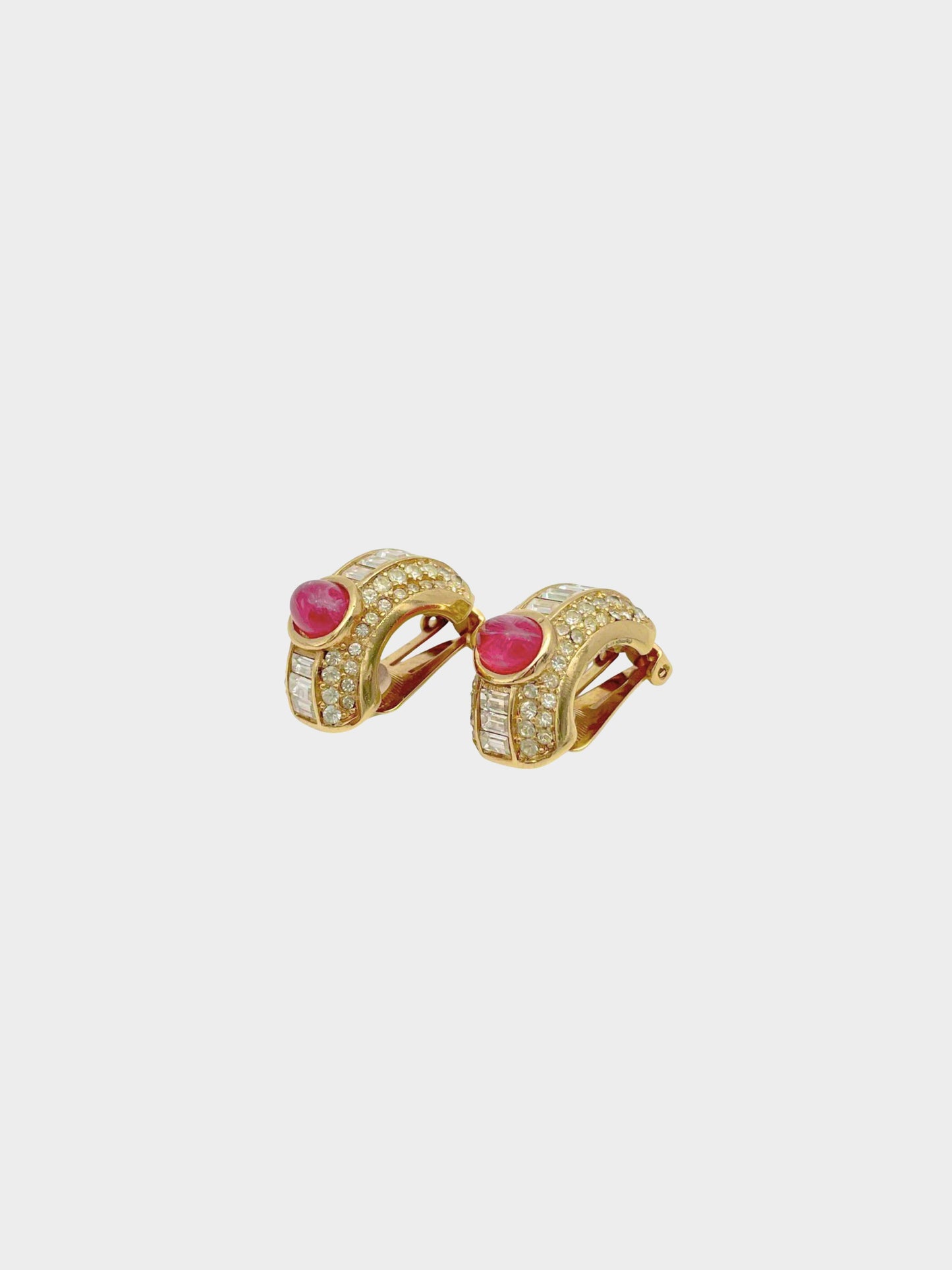 Christian Dior 1980s Rhinestone and Pink Stone Gold Earring
