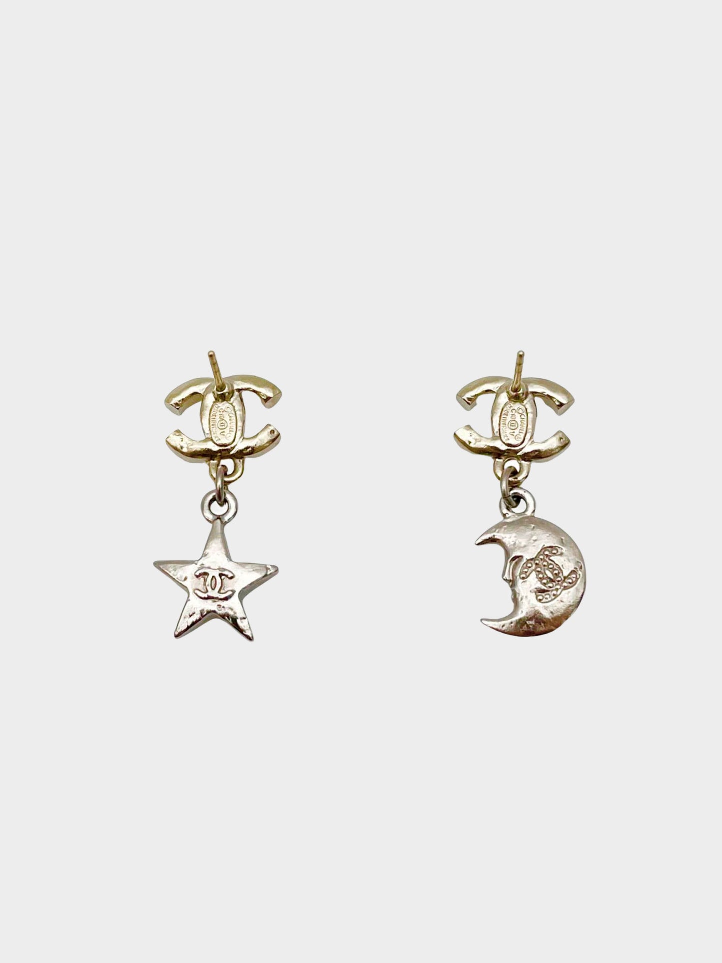 Chanel 2017 Ruthenium Crystal CC Star Moon Earrings Grey Gold