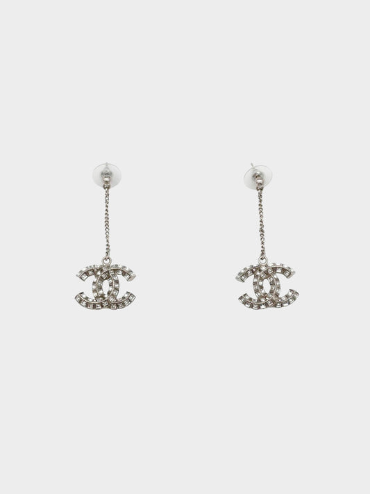 Chanel CC Crystal Silver Drop Earrings