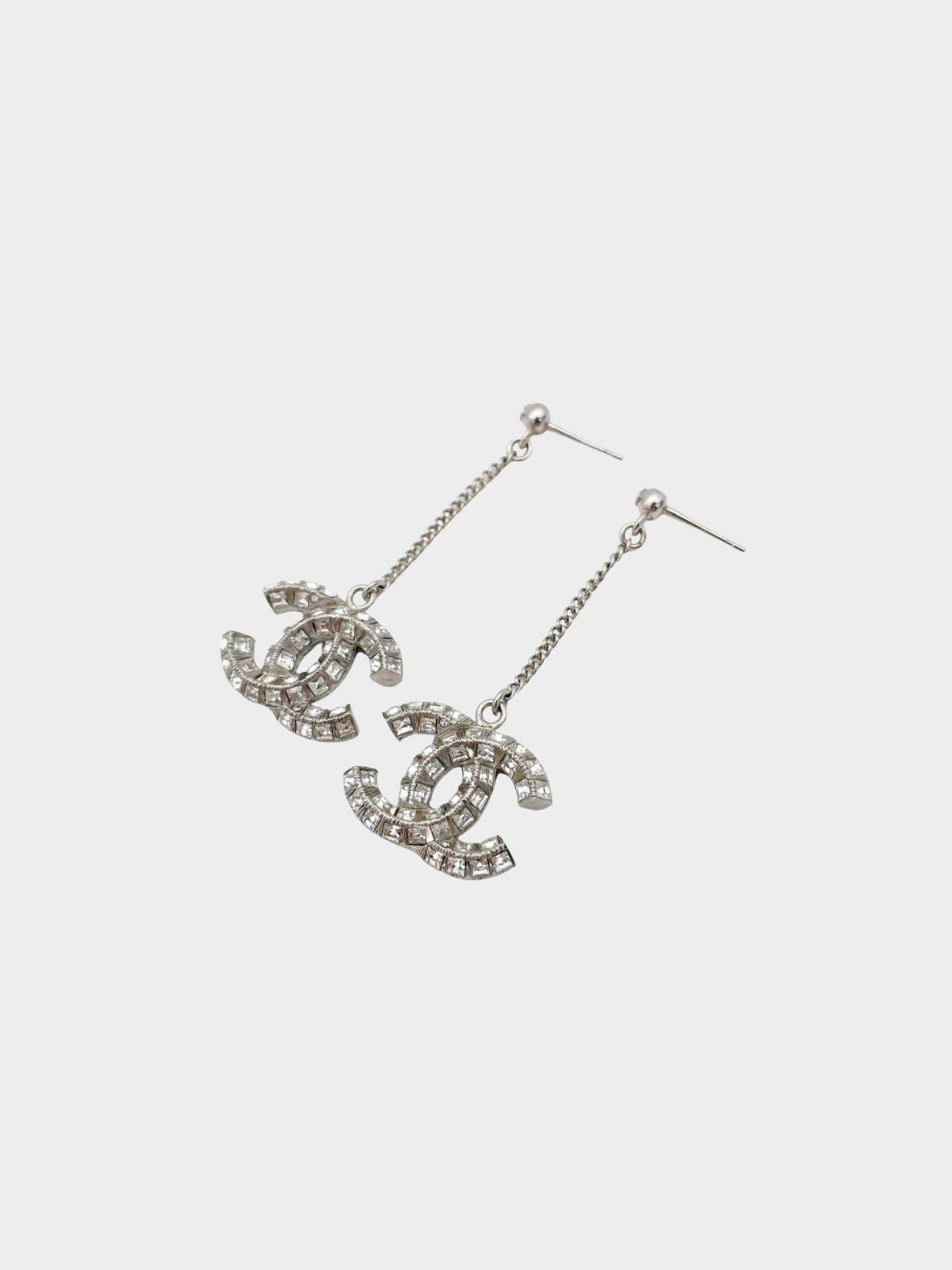 Chanel CC Crystal Silver Drop Earrings