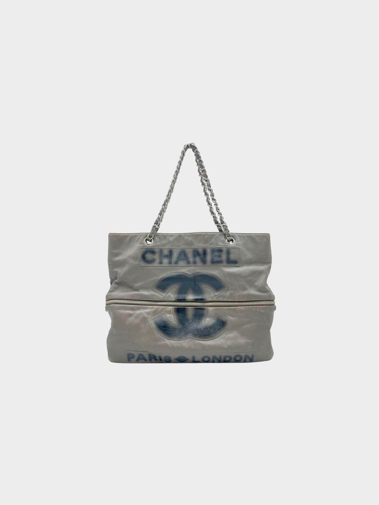 Chanel 2009 London Paris Grey Chain Tote Bag