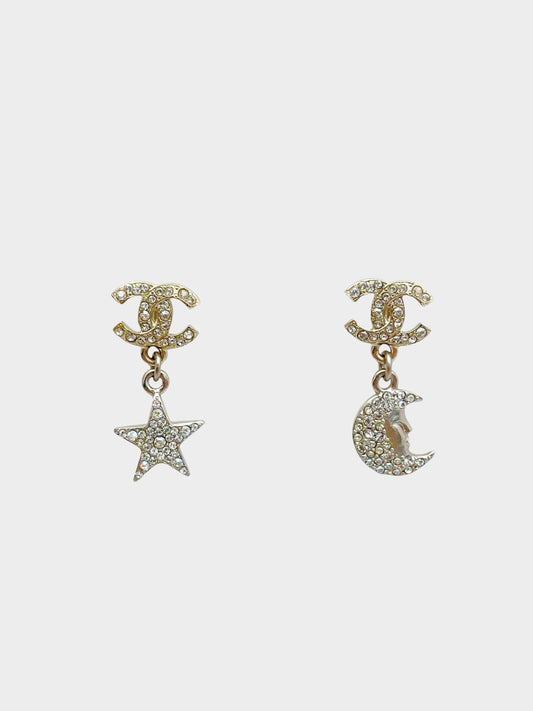 Chanel 2017 Ruthenium Crystal CC Star Moon Earrings Grey Gold