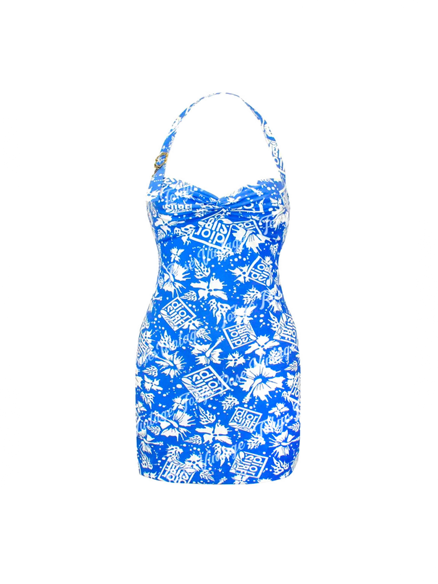 Christian Dior 2002 Surf Blue Halter Print Dress
