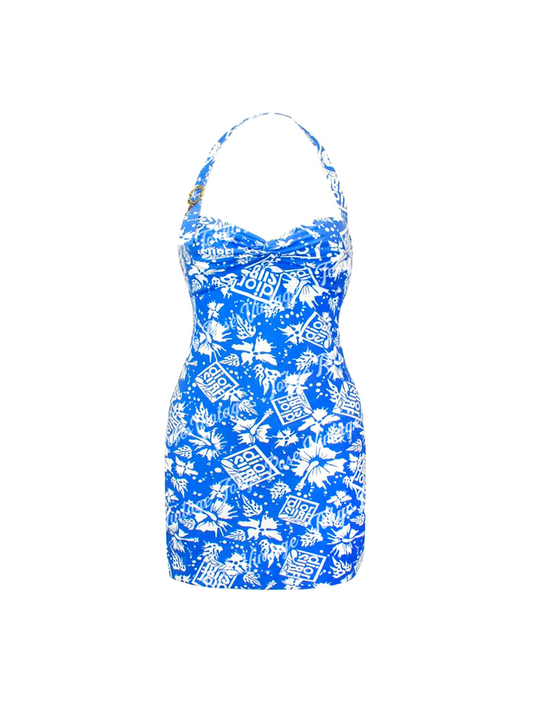 Christian Dior 2002 Surf Blue Halter Print Dress