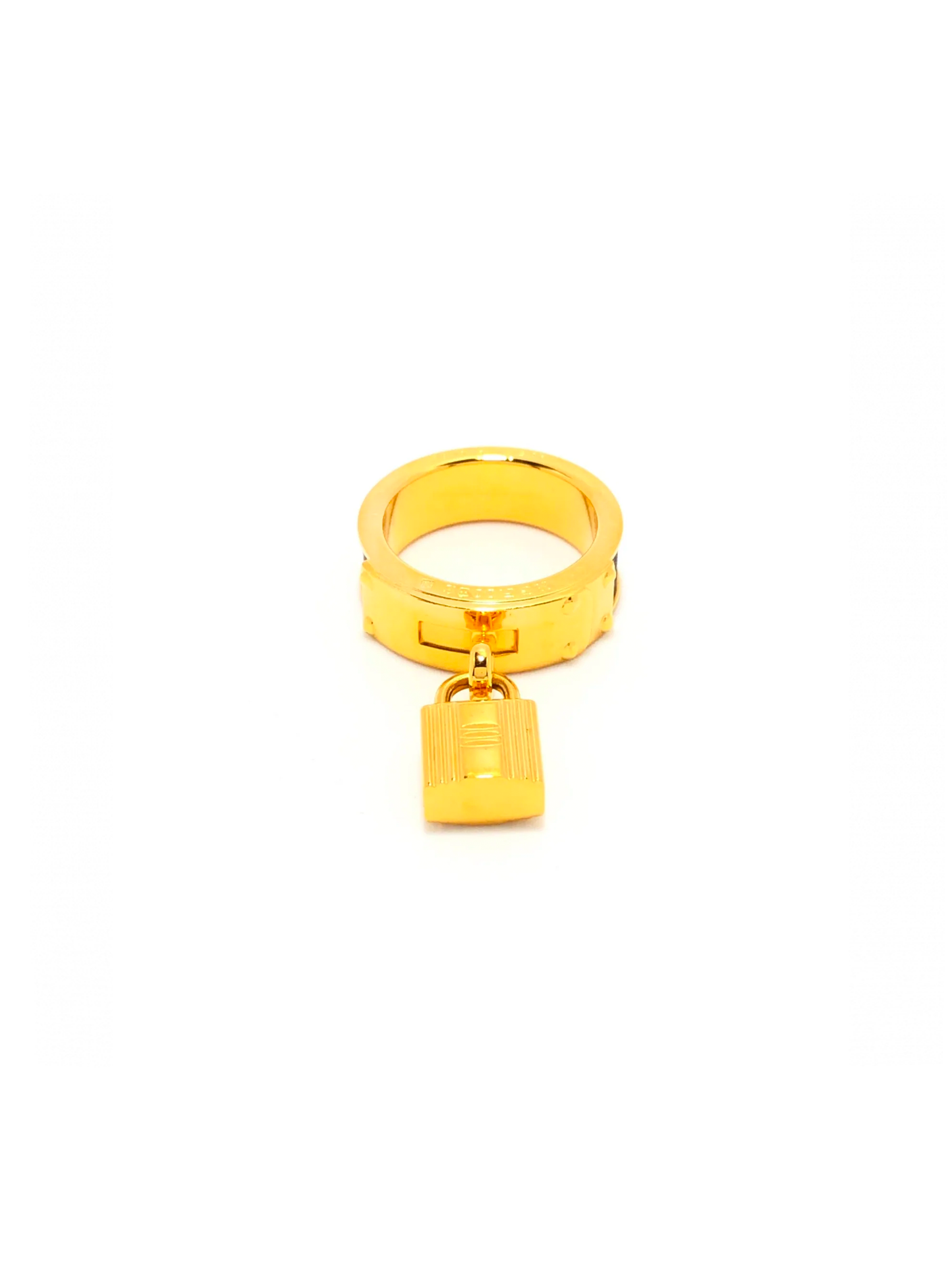 Hermes 1990s Black Leather Gold Lock Ring