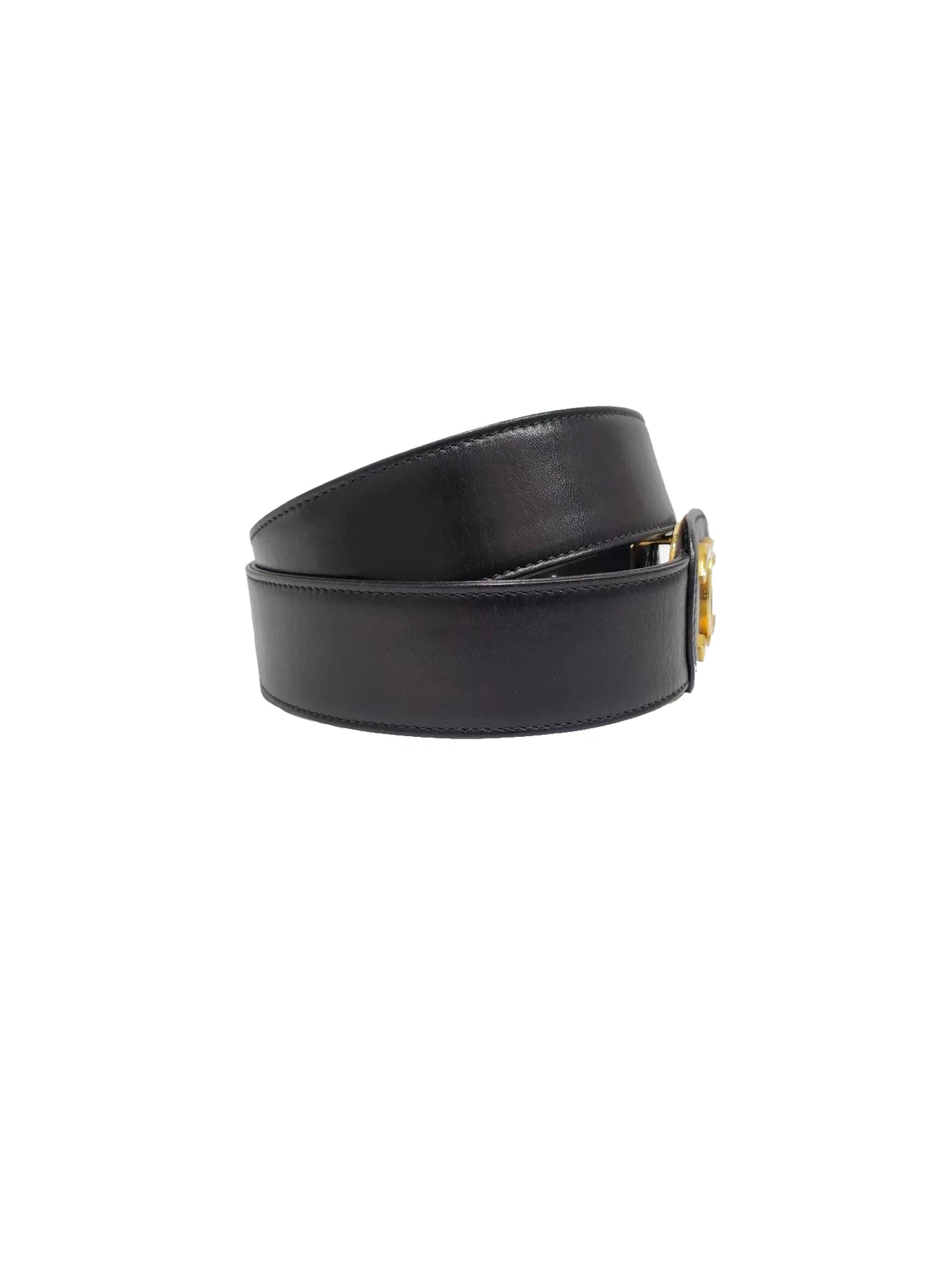 Chanel 2000s Gold Logo Black Leather Belt