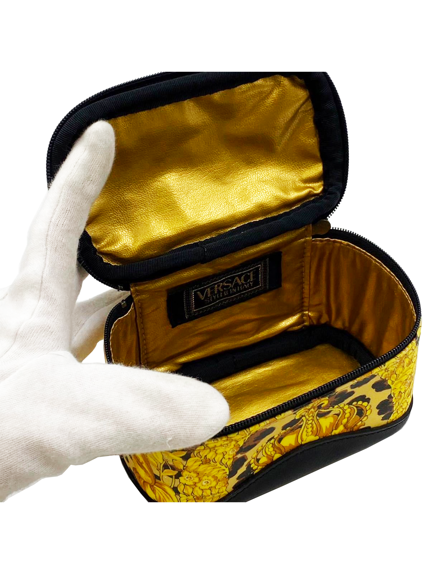 Versace 1990s Gold Baroque Leopard Print Leather Top Handle Micro Bag