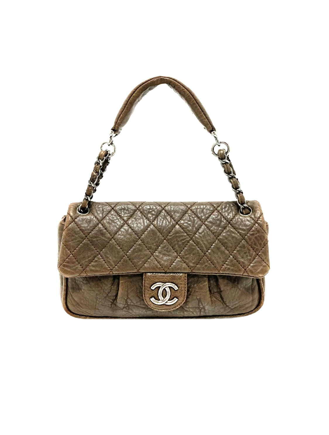 Chanel 2000s Khaki Brown Matelasse Silver Hardware Flap