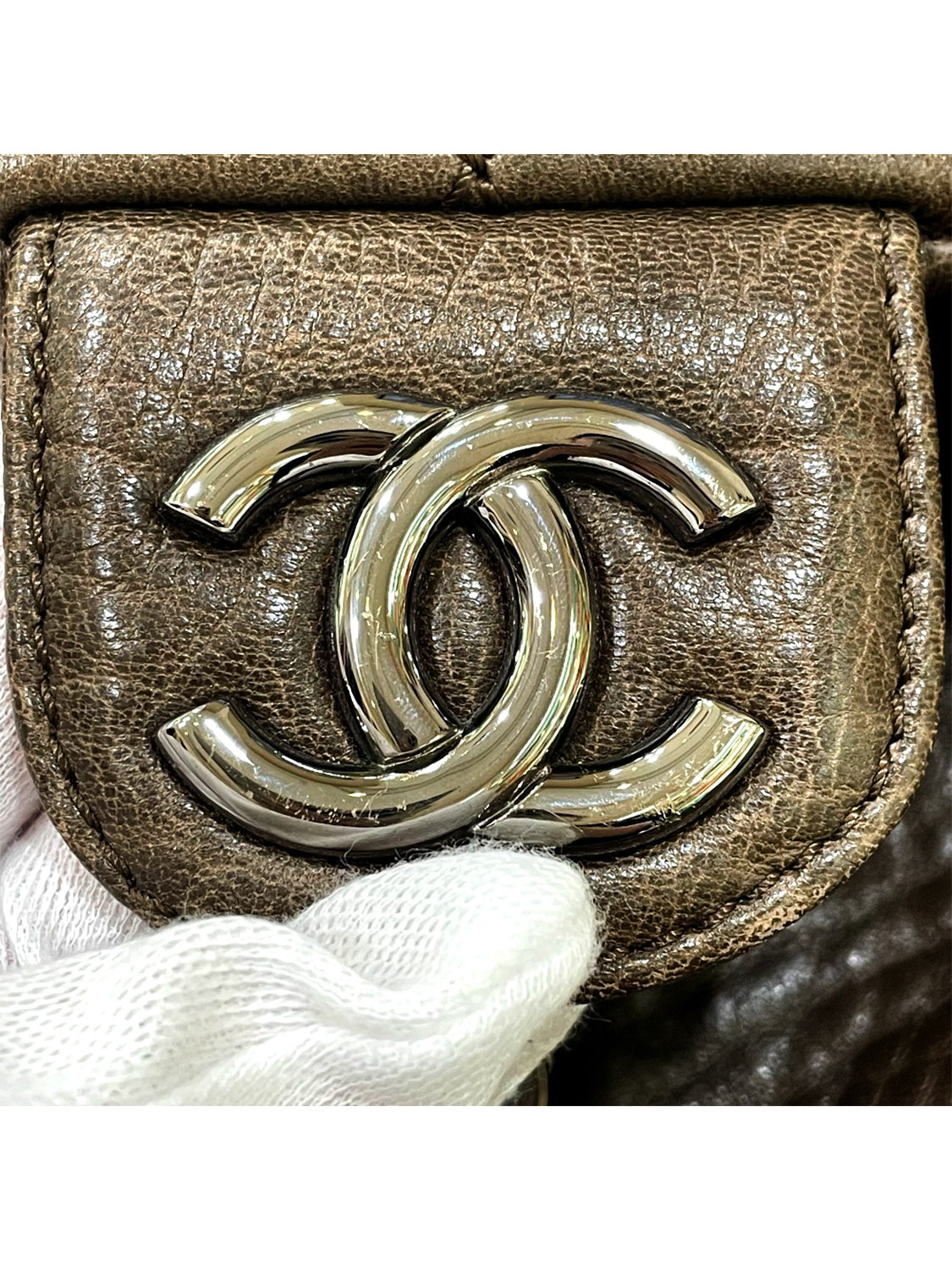 Chanel 2000s Khaki Brown Matelasse Silver Hardware Flap