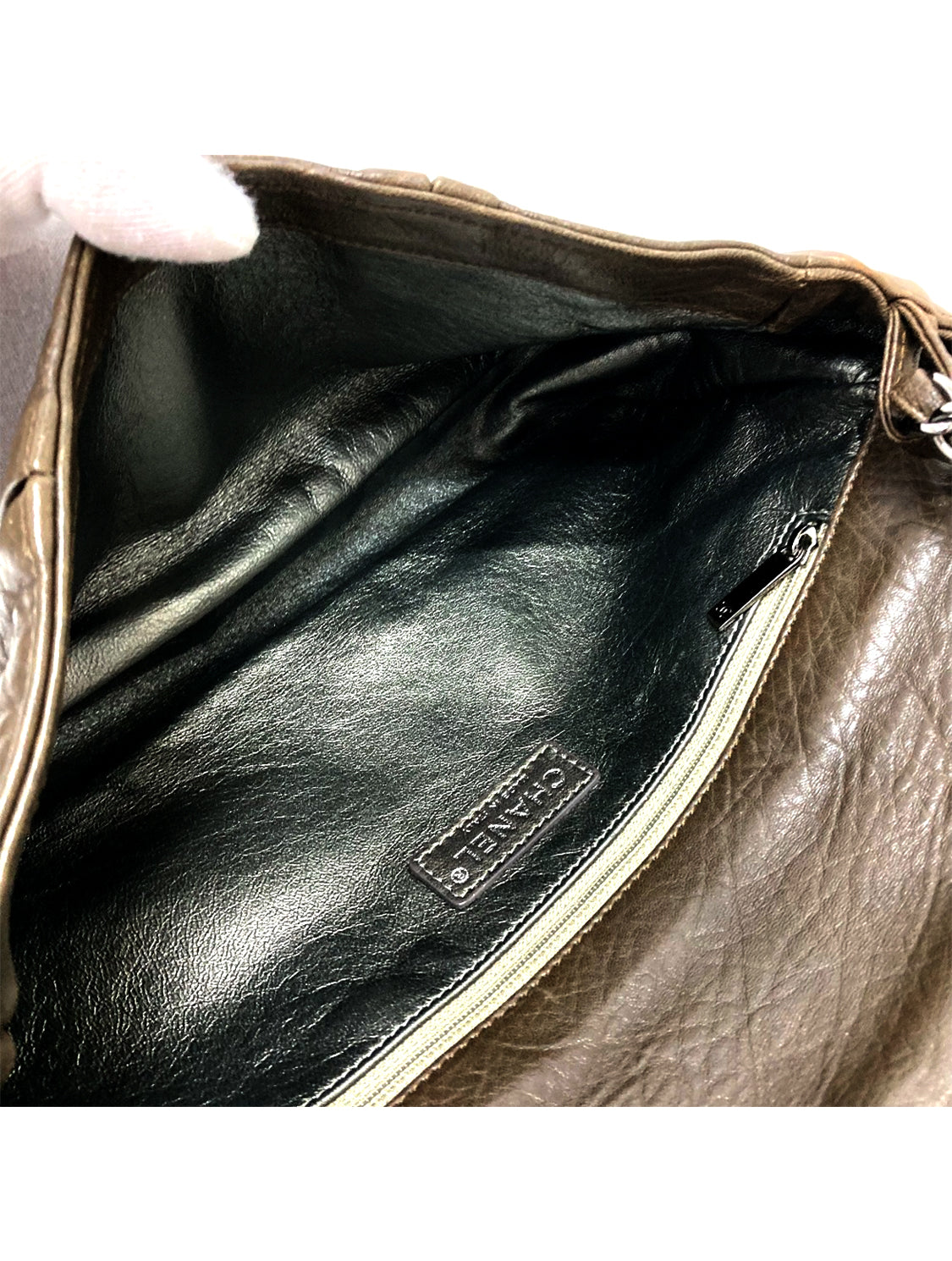 Chanel 2000s Khaki Brown Matelasse Silver Hardware Flap