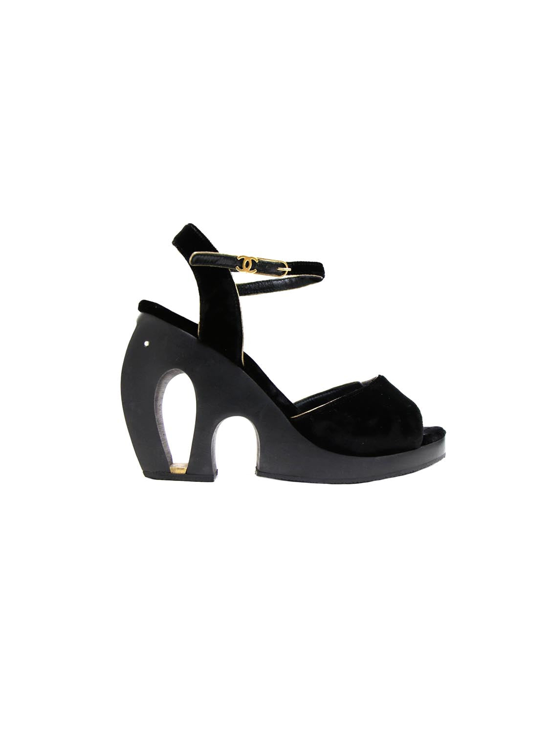 Chanel 2000s Black Velvet Curved Platform Heels