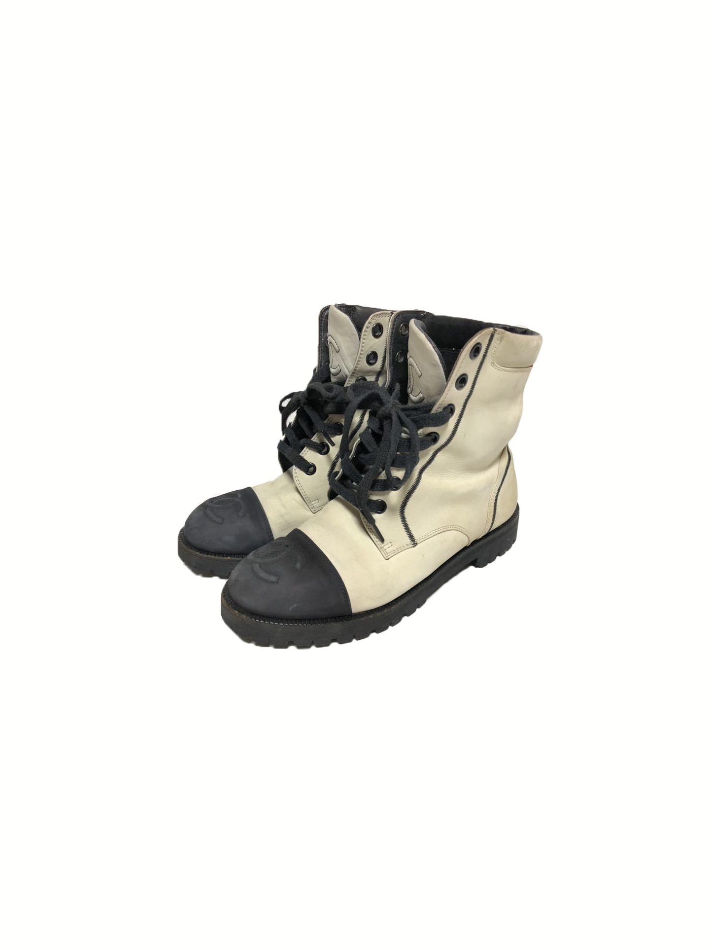 Chanel White and Black Leather Lace-up Boots