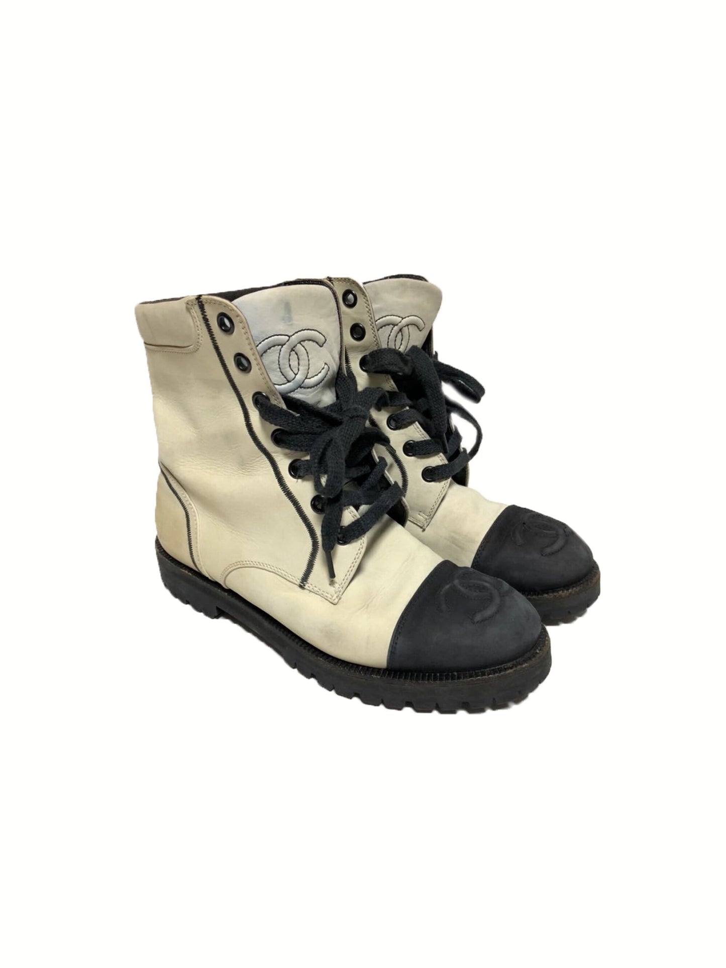 Chanel White and Black Leather Lace-up Boots
