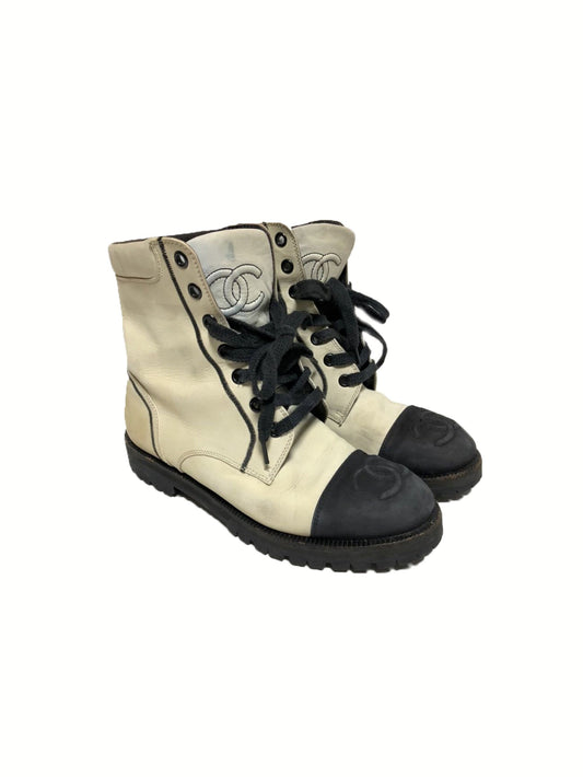 Chanel White and Black Leather Lace-up Boots