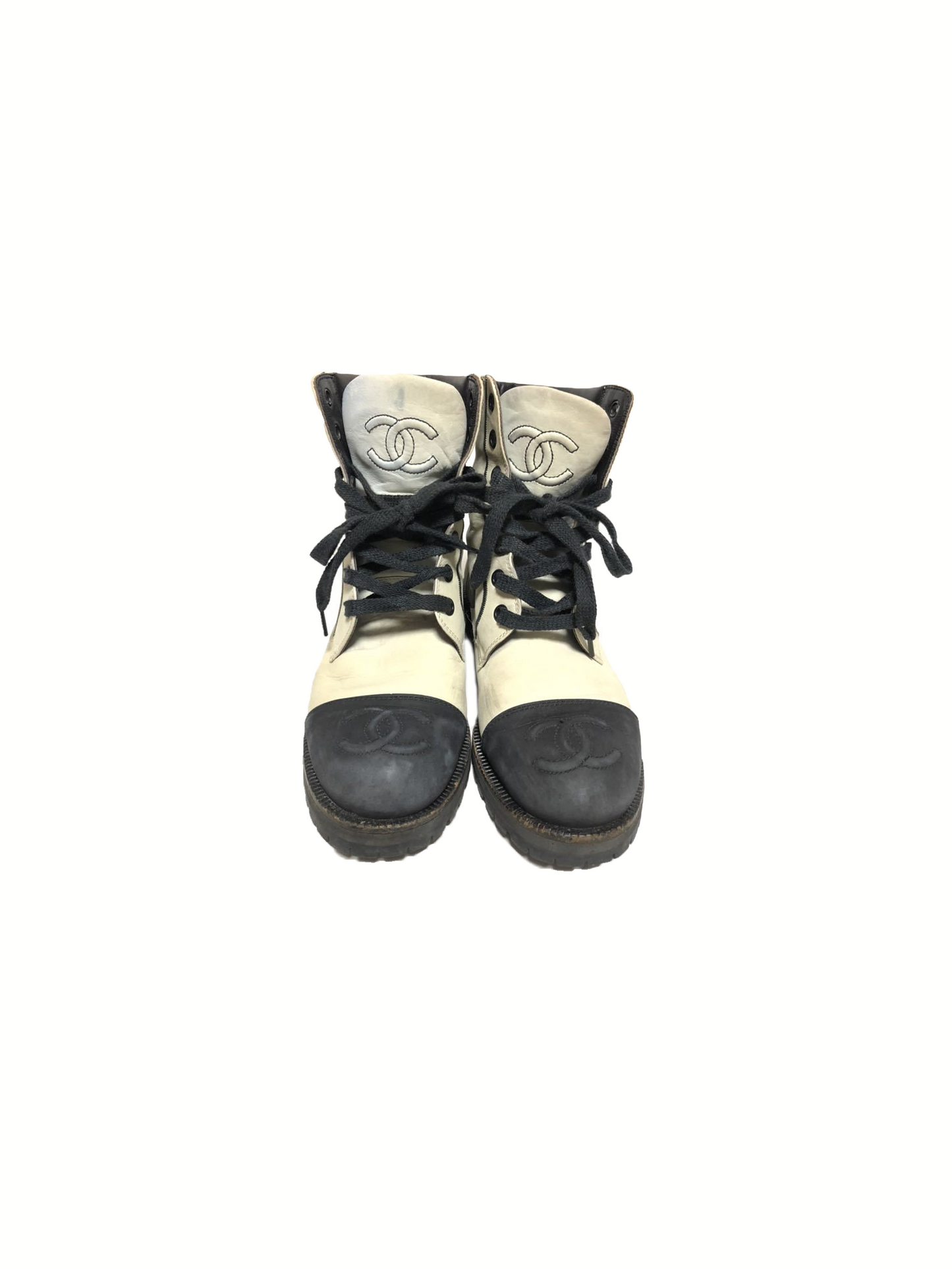 Chanel White and Black Leather Lace-up Boots