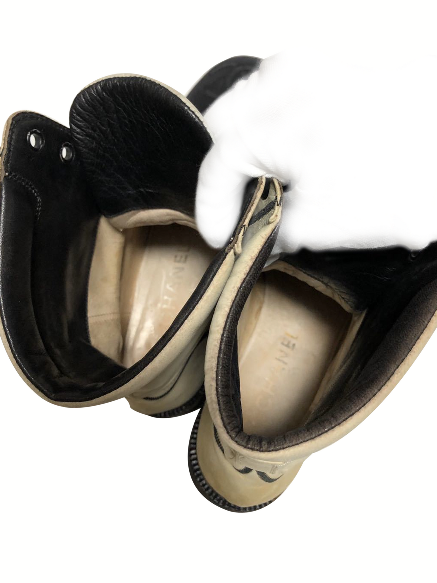 Chanel White and Black Leather Lace-up Boots