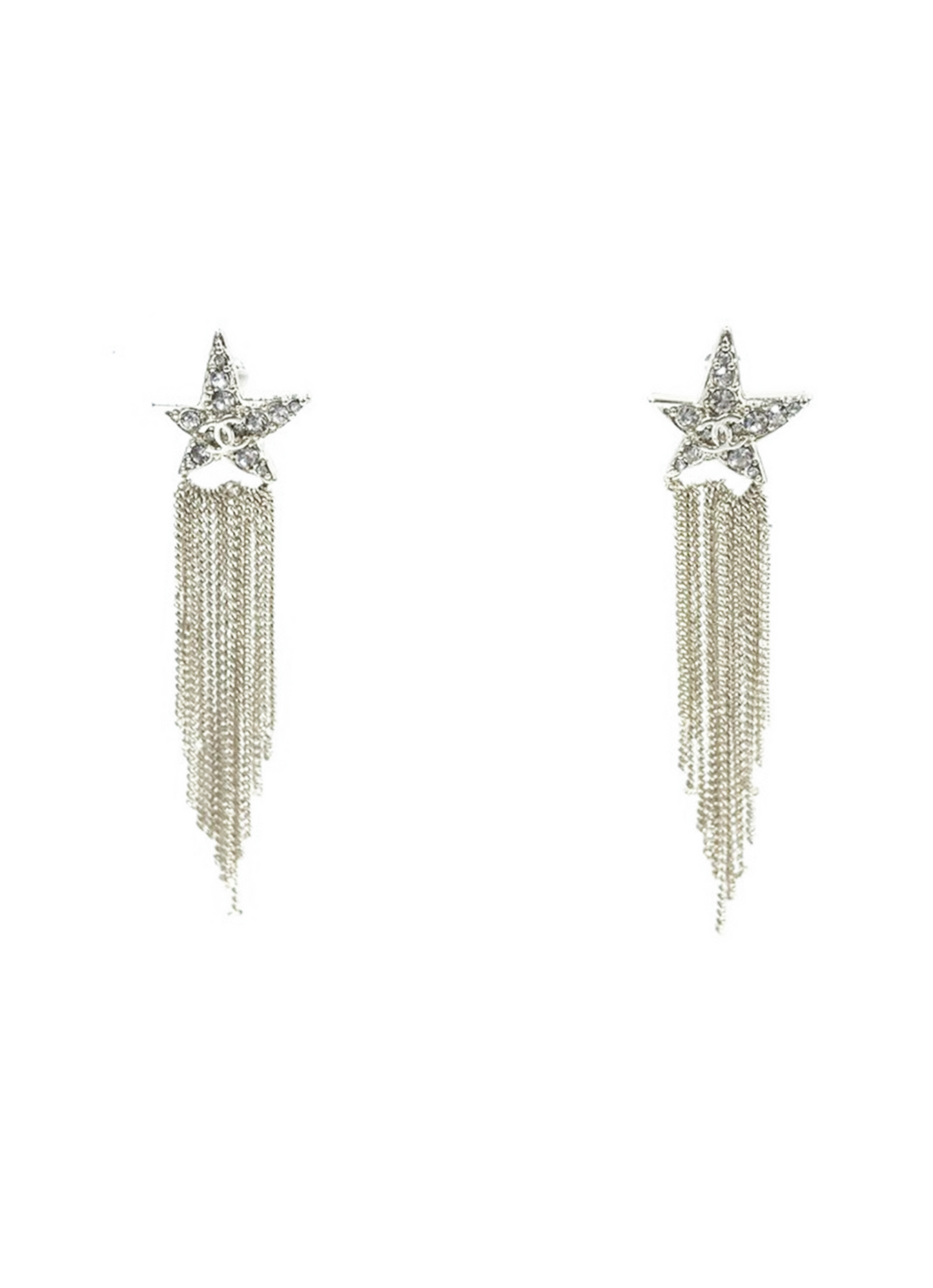 Chanel Siver Star Rhinestone Dangle Earrings