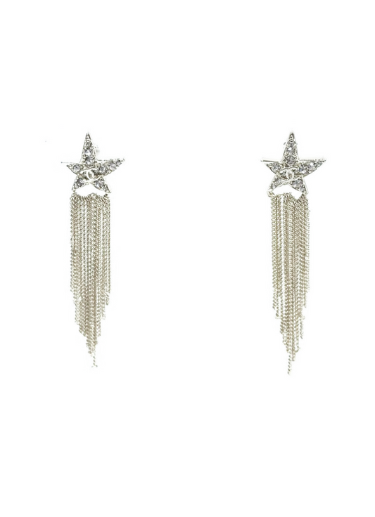 Chanel Siver Star Rhinestone Dangle Earrings