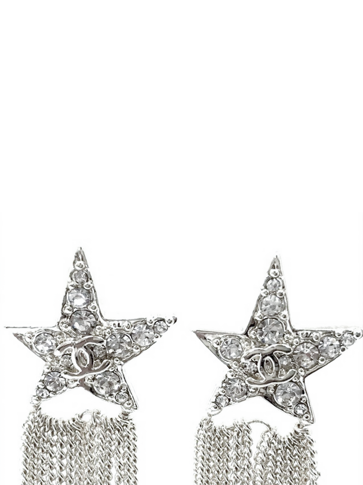 Chanel Siver Star Rhinestone Dangle Earrings