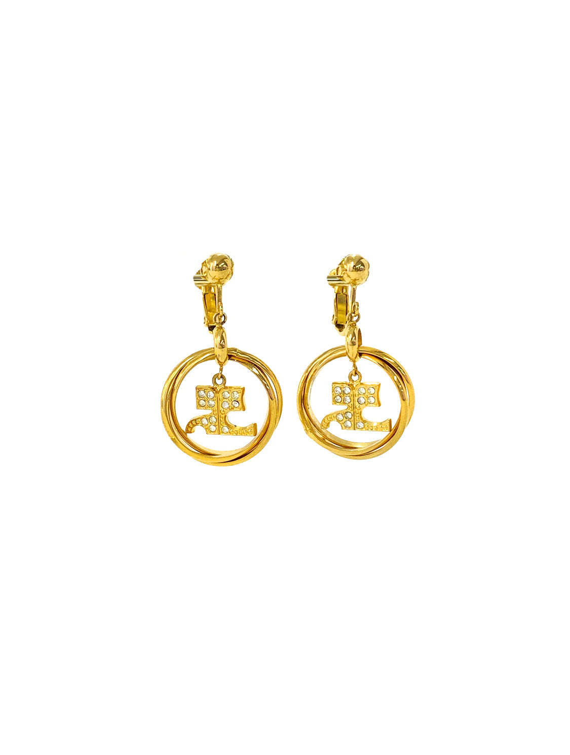 Courrèges 2000s Gold Rhinestone Logo Clip-Ons