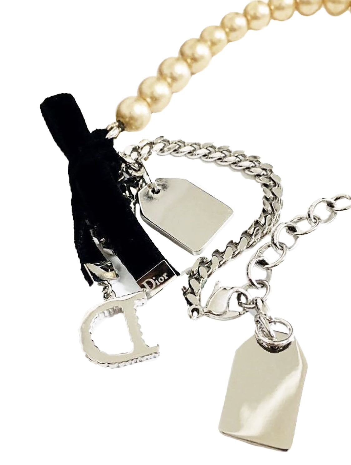 Christian Dior 2000s Silver Pearl Bow Charm Necklace