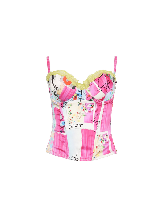 Christian Dior 2003 Filth Print Silk & Lace Bustier