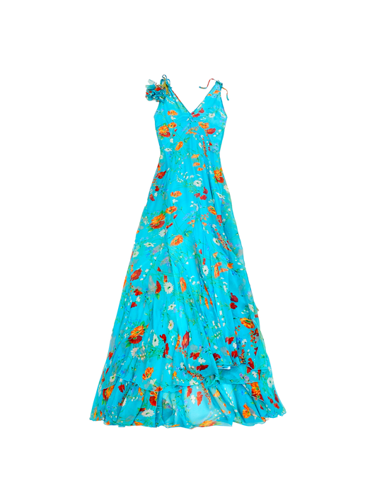 Dolce and Gabbana 2000s Blue Floral Silk Gown