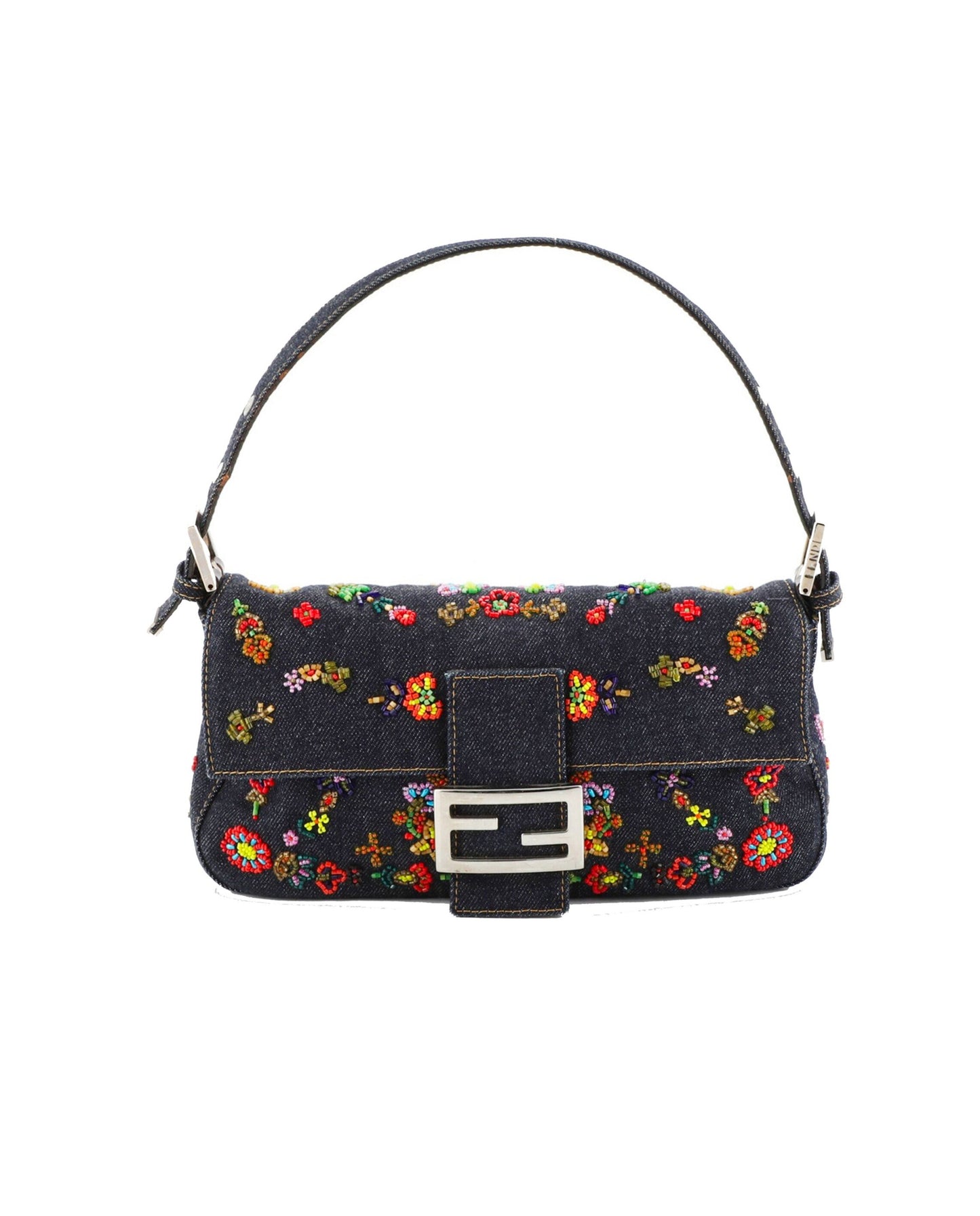 Fendi 2000s Rare Floral Beaded Denim Baguette