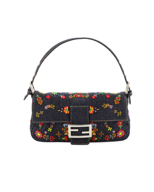 Fendi 2000s Rare Floral Beaded Denim Baguette
