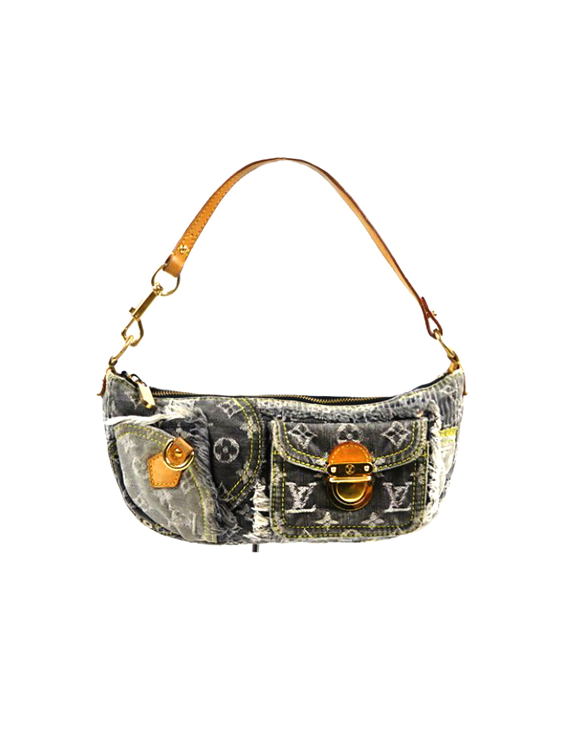 Louis Vuitton 2000s Gray Monogram Denim Patchwork Shoulder Bag