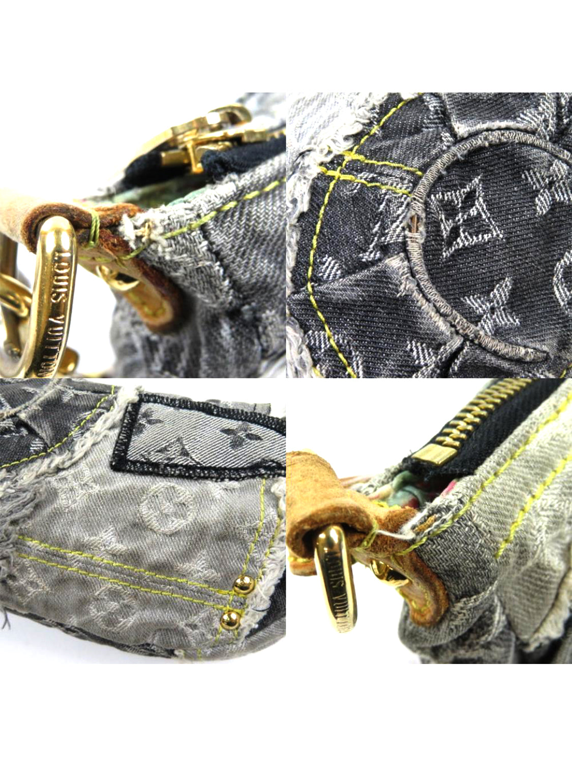 Louis Vuitton 2000s Gray Monogram Denim Patchwork Shoulder Bag