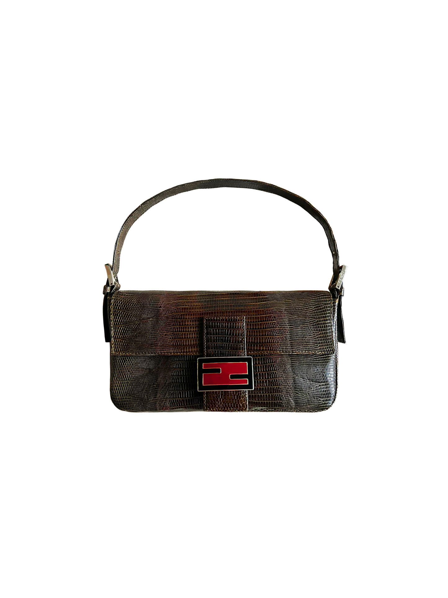 Fendi 2000s Brown Lizard Baguette with Enamel Logo