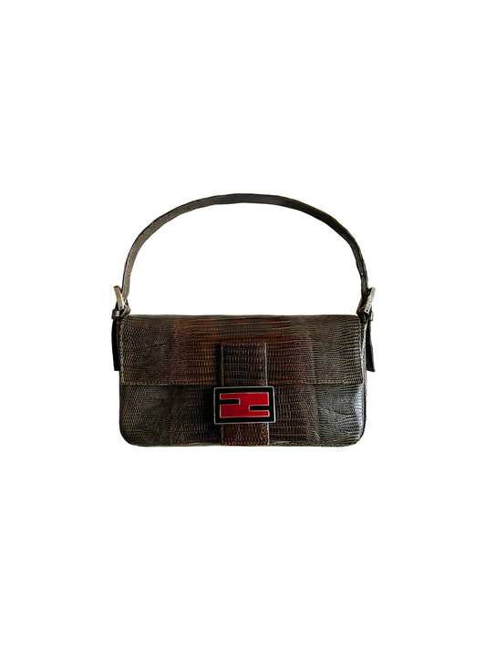 Fendi 2000s Brown Lizard Baguette with Enamel Logo