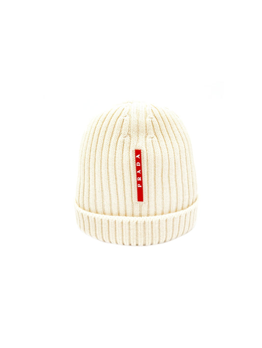 Prada Cream Ribbed Logo Beanie