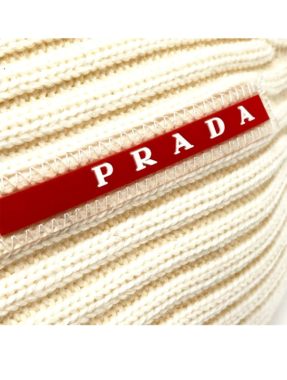 Prada Cream Ribbed Logo Beanie