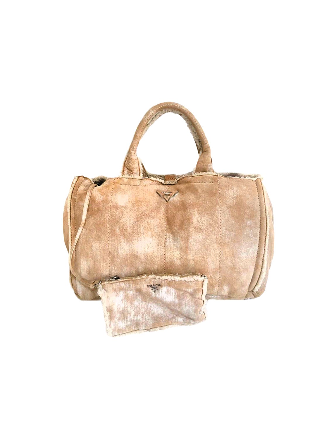 Prada 2000s Light Brown Shearling Tote Bag Set
