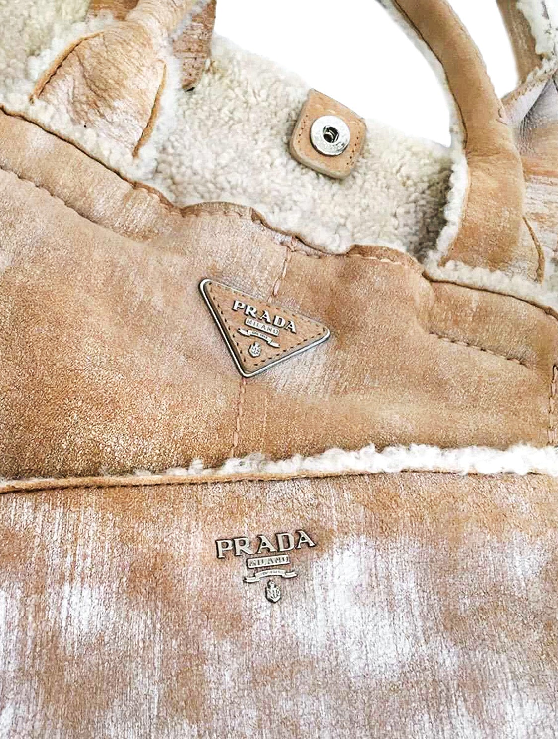Prada 2000s Light Brown Shearling Tote Bag Set