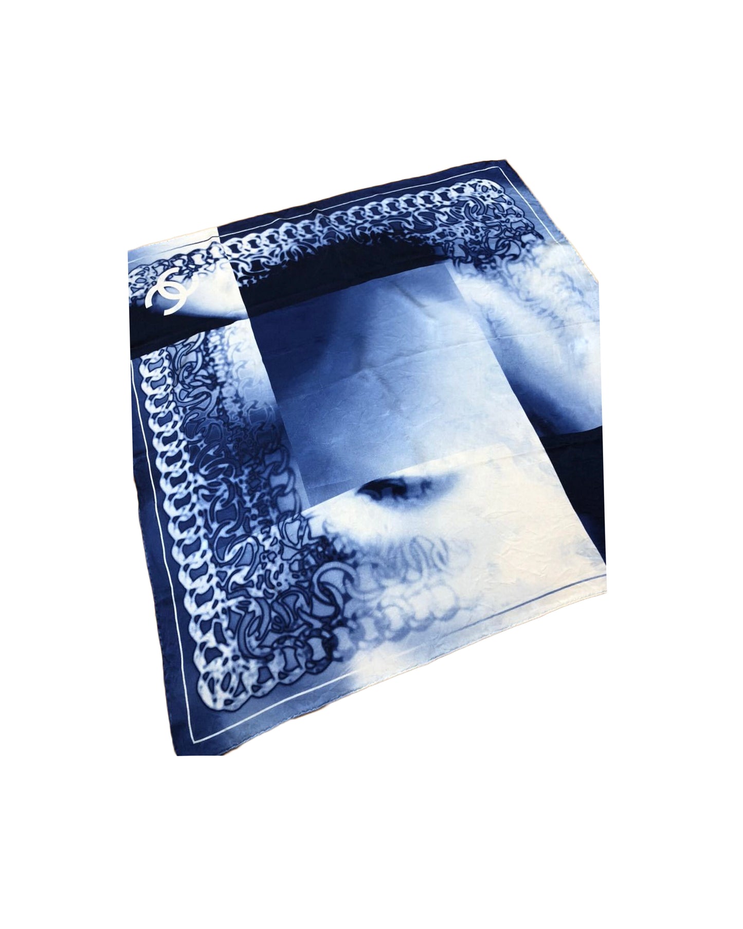 Chanel 2000s Rare Blue Gradient Chain Silk Scarf