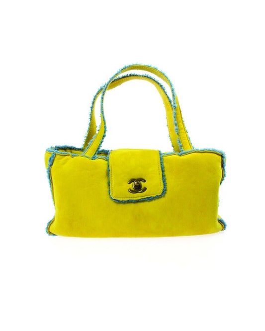 Chanel 2010s Rare Shearling Yellow and Blue Small Tote